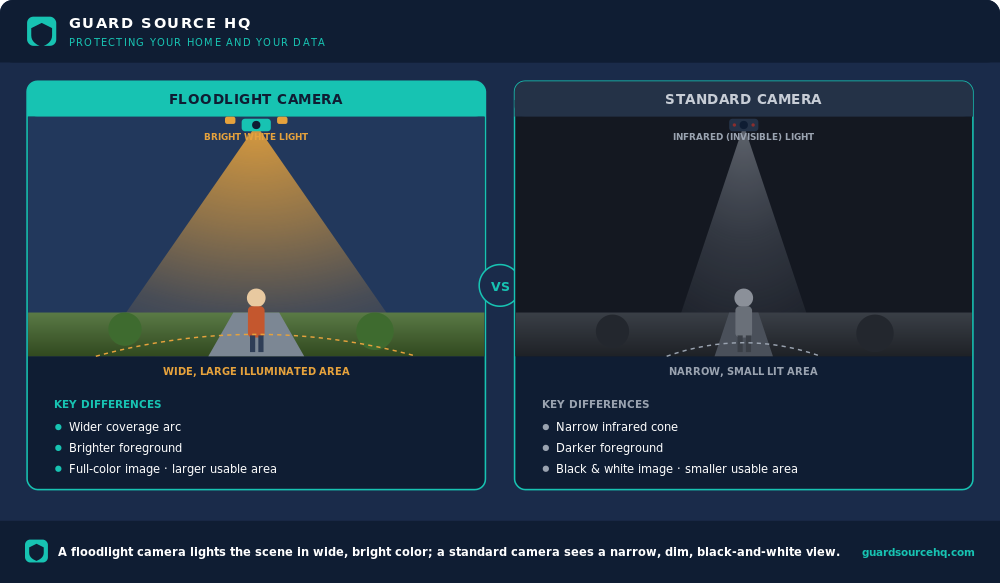 Floodlight camera vs standard camera: Diagram comparing a floodlight camera lighting an open area in color against a standard camera capturing an IR black-and-white scene