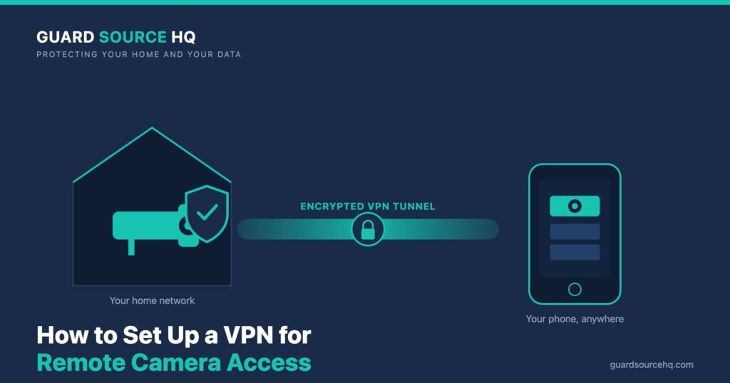 Secure VPN tunnel connecting a smartphone to a home security camera system