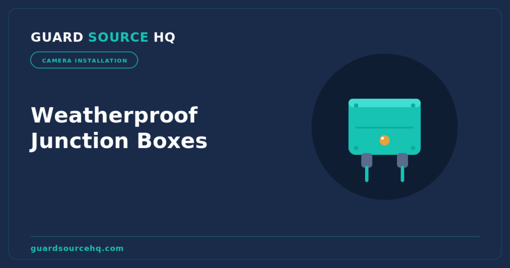 Cross-section illustration of a weatherproof junction box with sealed cable connectors for outdoor cameras